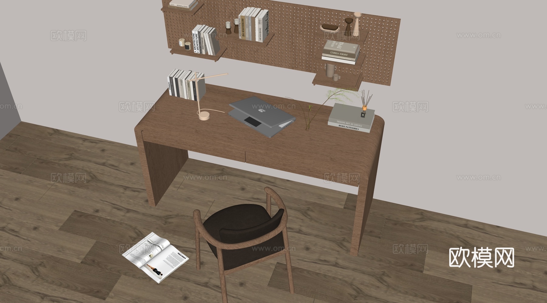 现代原木书房 书桌椅  办公桌椅 摆件组合su模型