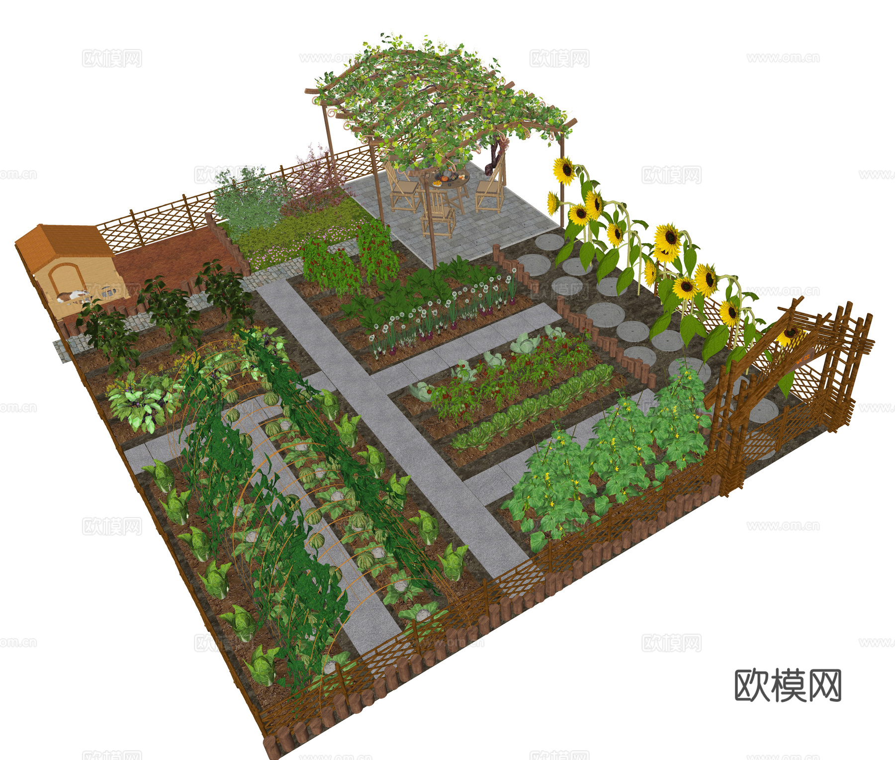 现代乡村菜地菜园 葡萄架 一米菜园 蔬菜园 农家乐庭院su模型