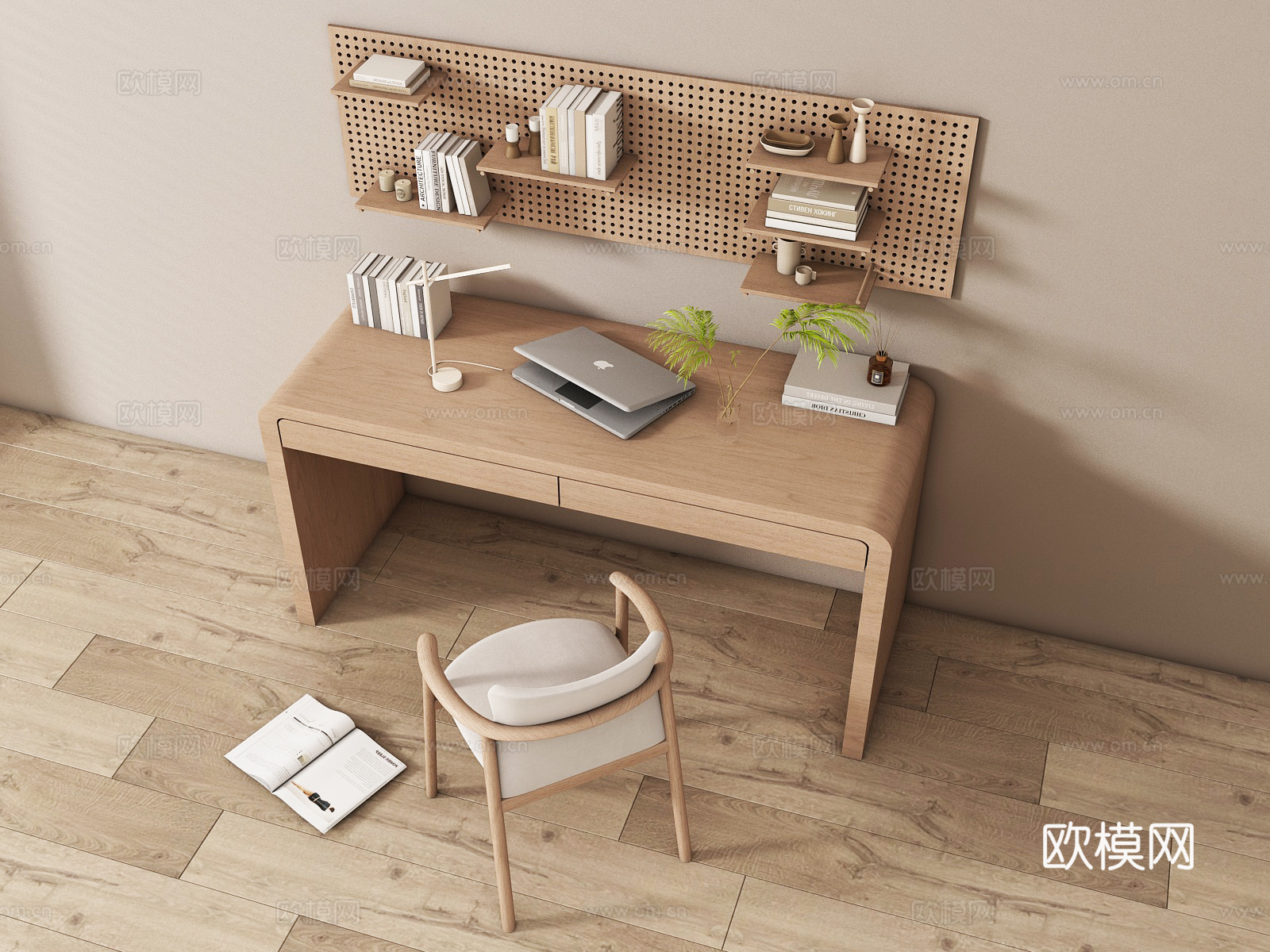 现代原木书房 书桌椅  办公桌椅 摆件组合su模型