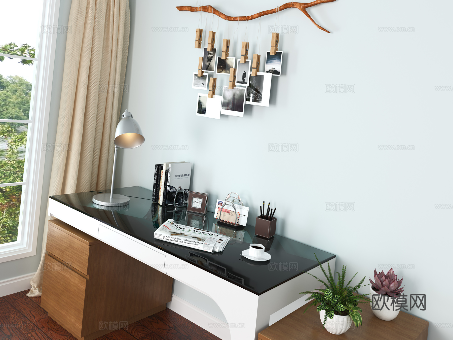 北欧书桌 文件柜 书柜 三件套3d模型下载（渲染图2）