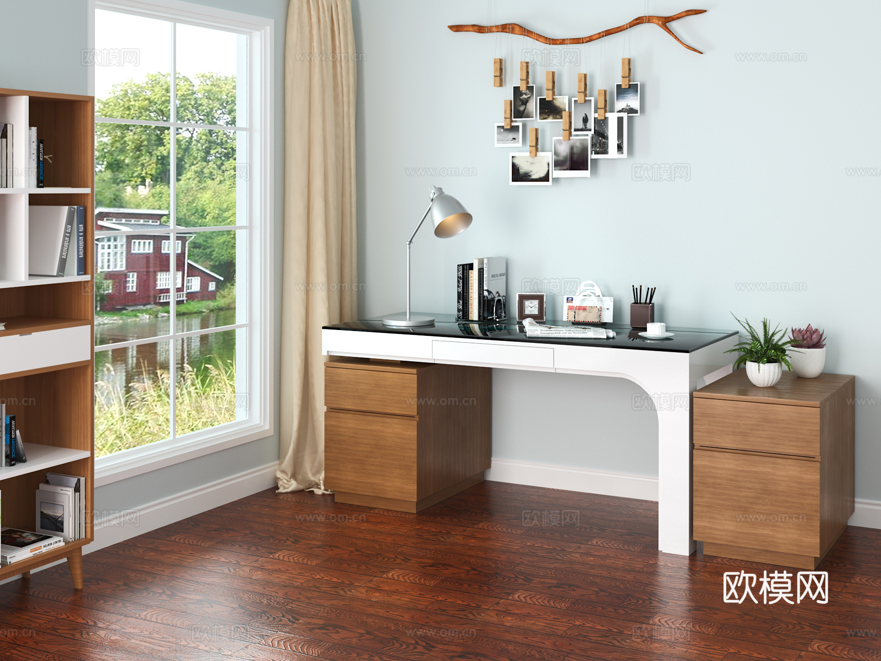 北欧书桌 文件柜 书柜 三件套3d模型下载（渲染图1）