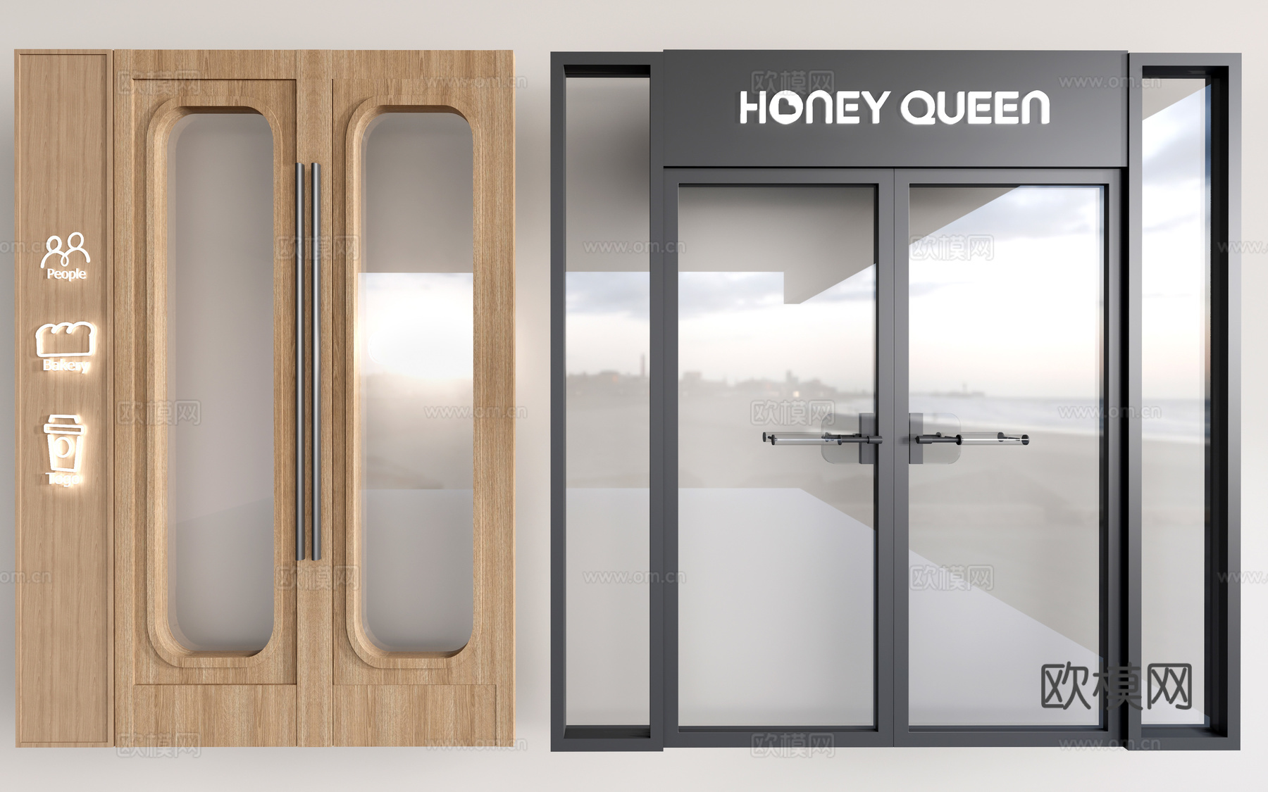 现代店铺玻璃门 咖啡厅门 奶茶店玻璃门 玻璃双开门su模型