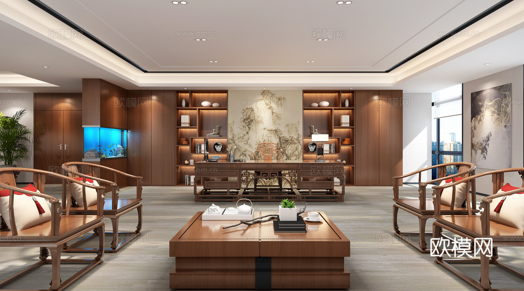 新中式经理办公室 董事长办公室 办公桌椅组合 沙发茶几组合3d模型下载