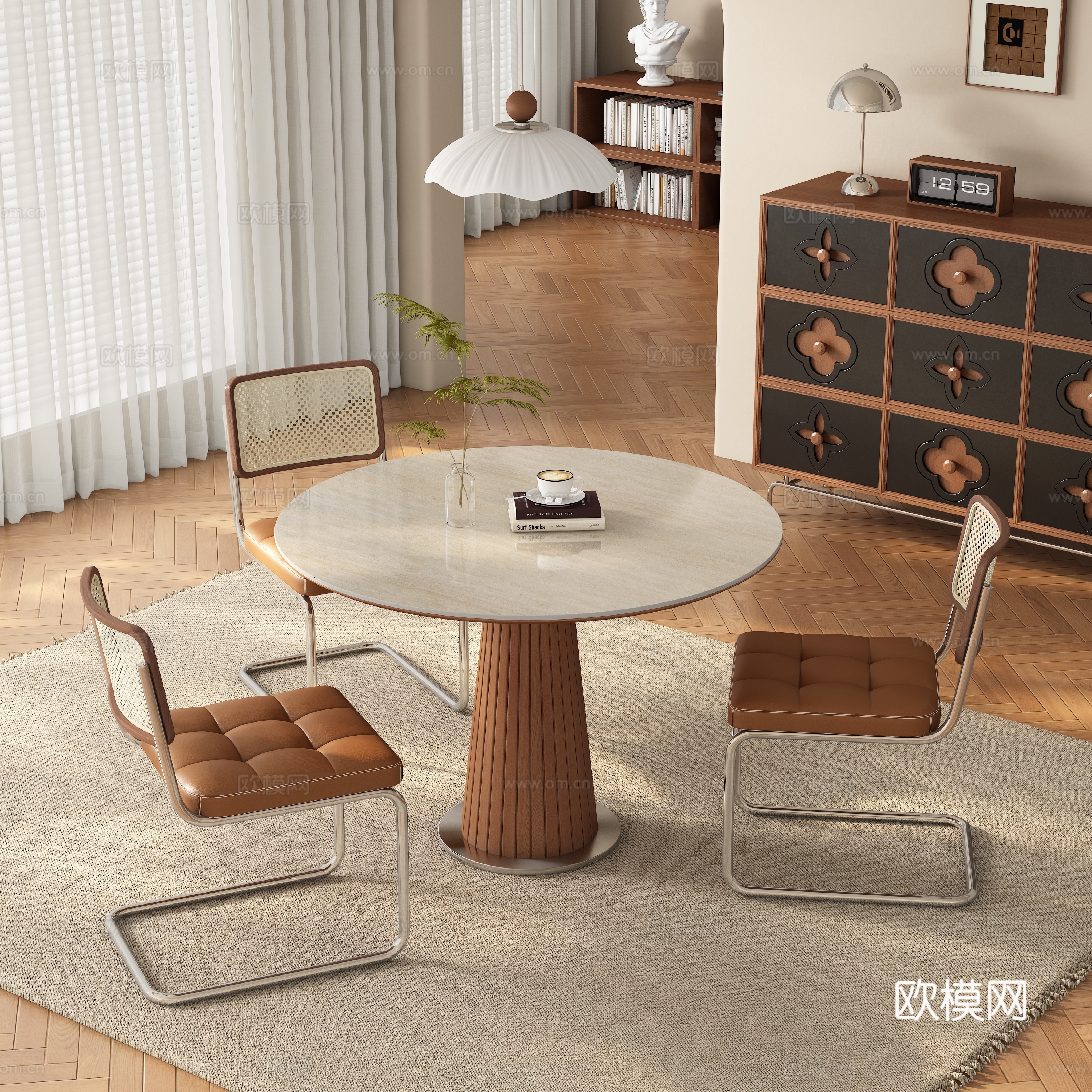 中古侘寂风餐厅 餐桌椅3d模型下载