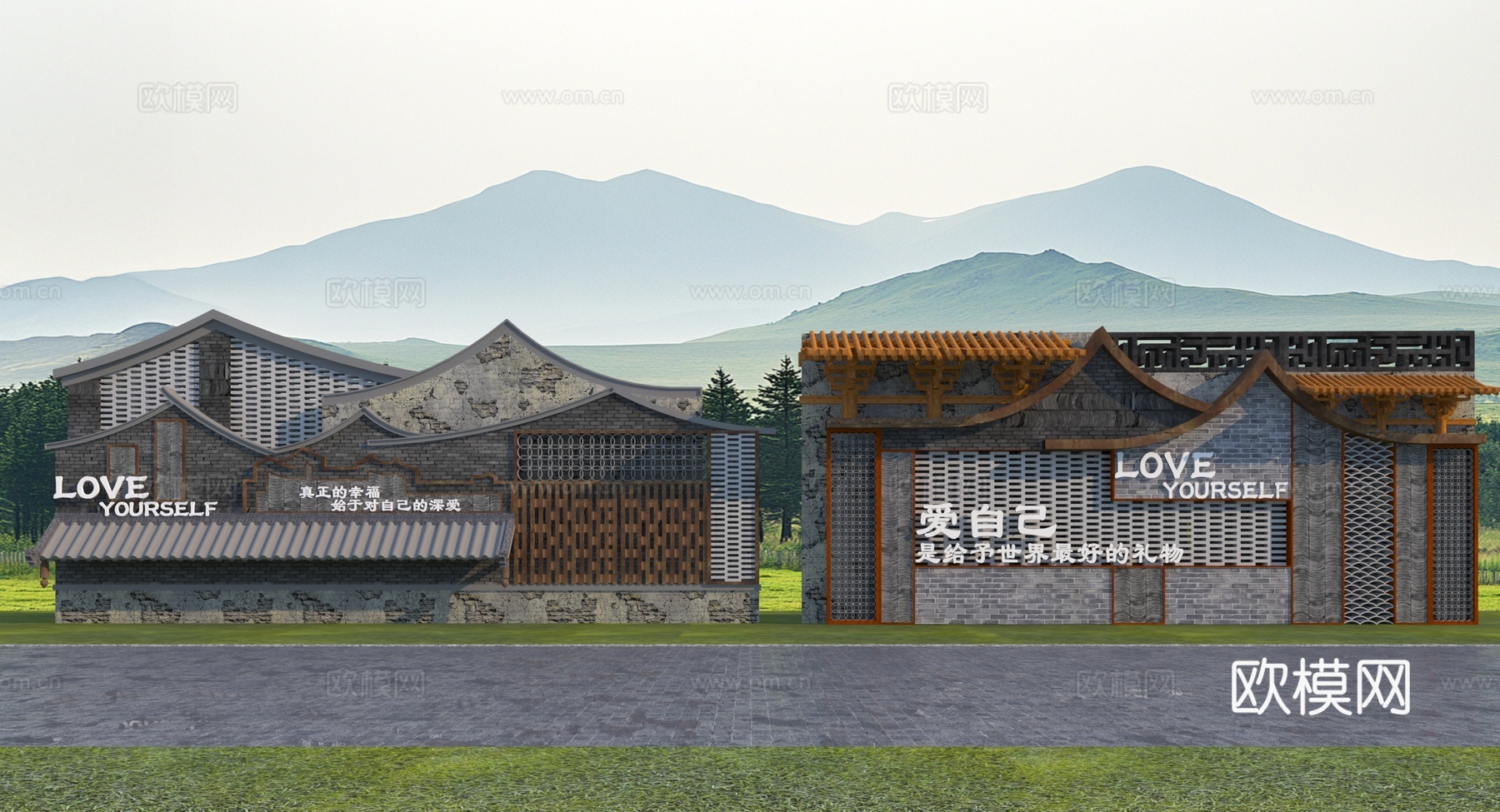 新中式古建青砖青瓦景墙3d模型下载