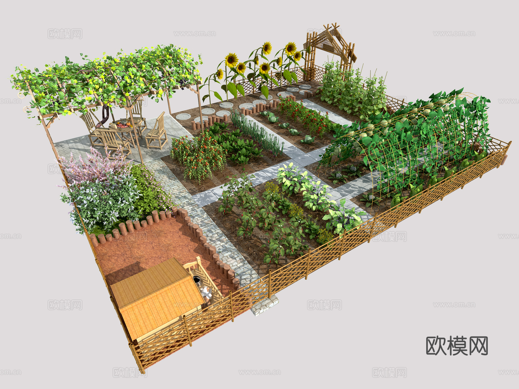 现代乡村菜地菜园 葡萄架 一米菜园 蔬菜园 农家乐庭院su模型