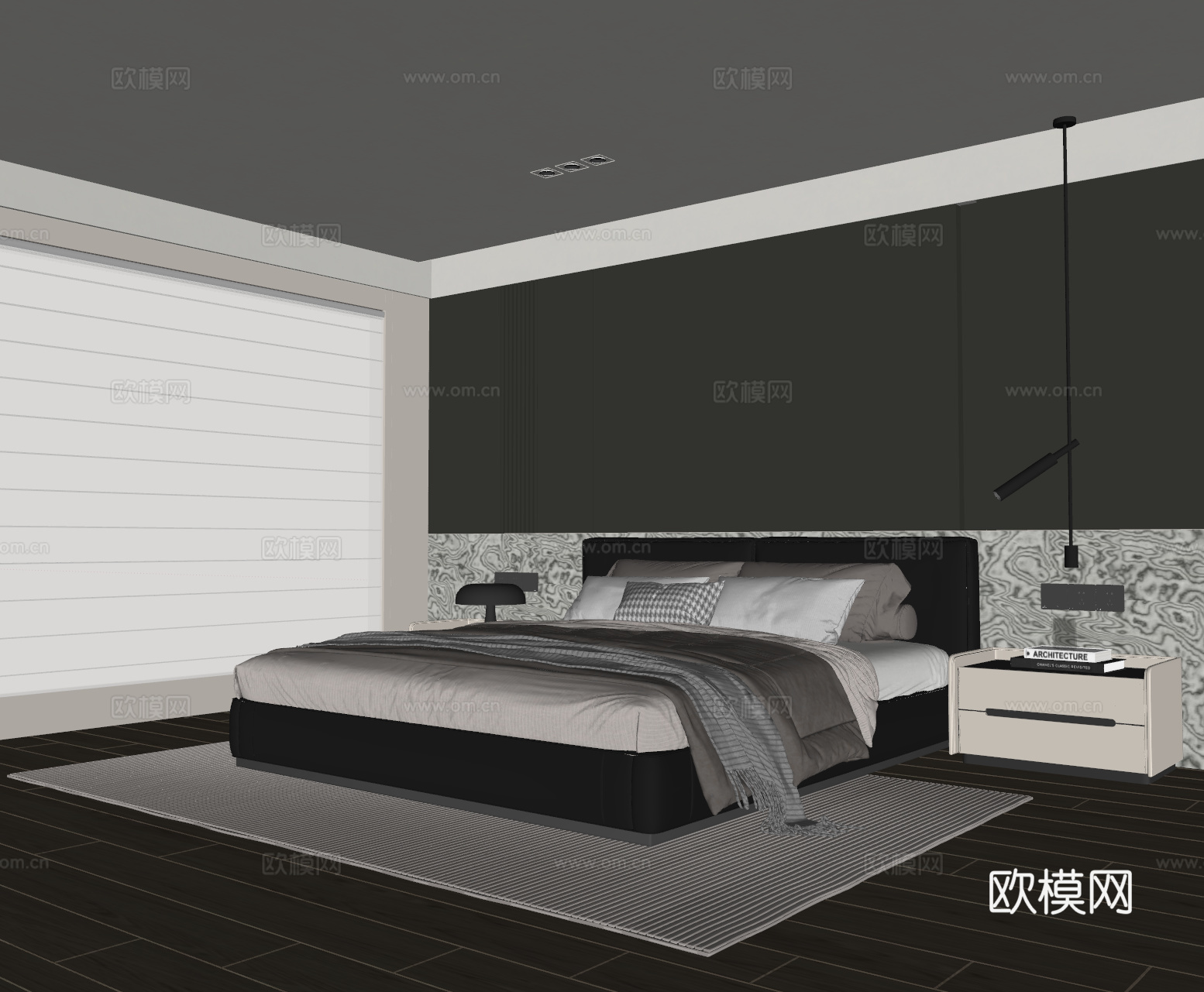 现代意式卧室 皮质双人床 床头柜 吊灯 地毯su模型