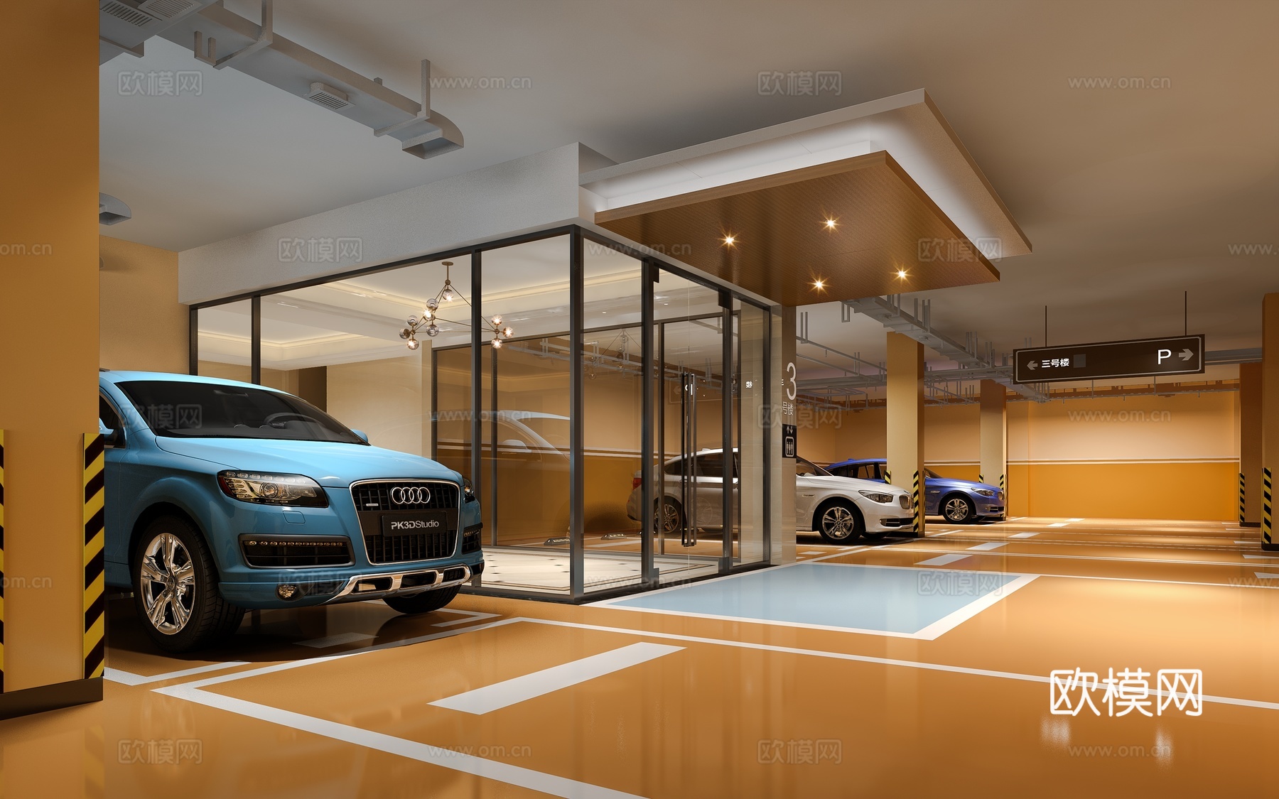 现代地下停车场 车库 停车场电梯间 前厅 汽车3d模型下载（渲染图2）