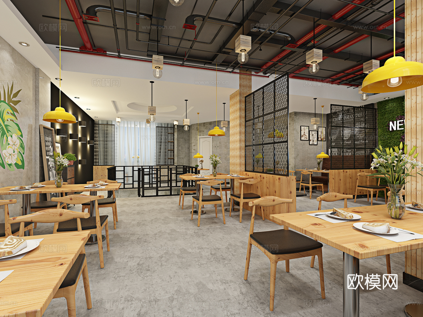 现代北欧工业风奶茶店 吊灯 管道灯 桌椅组合 植物墙 卡3d模型下载（渲染图3）