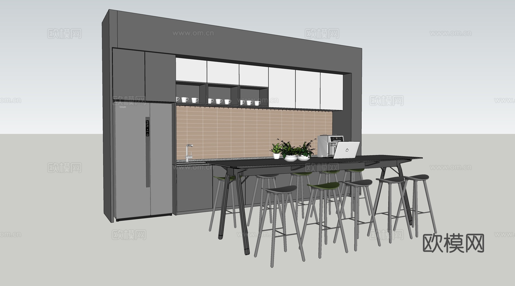 现代茶水间吧台 茶水间桌椅 水吧台su模型