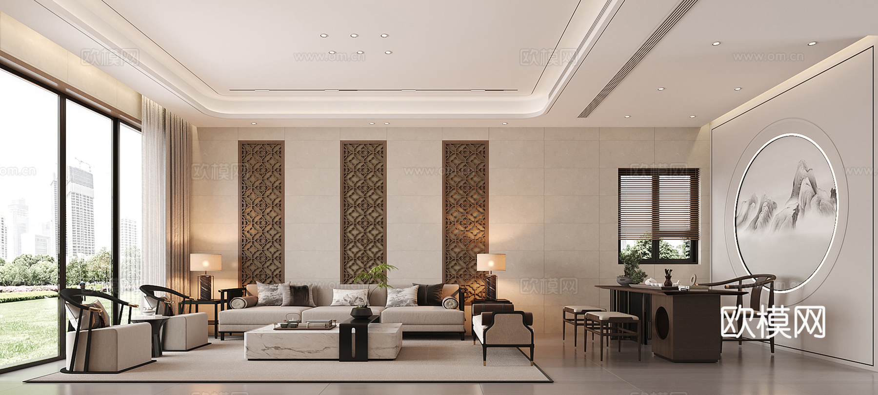 新中式客厅  新中式沙发 新中式背景  新中式茶桌3d模型下载