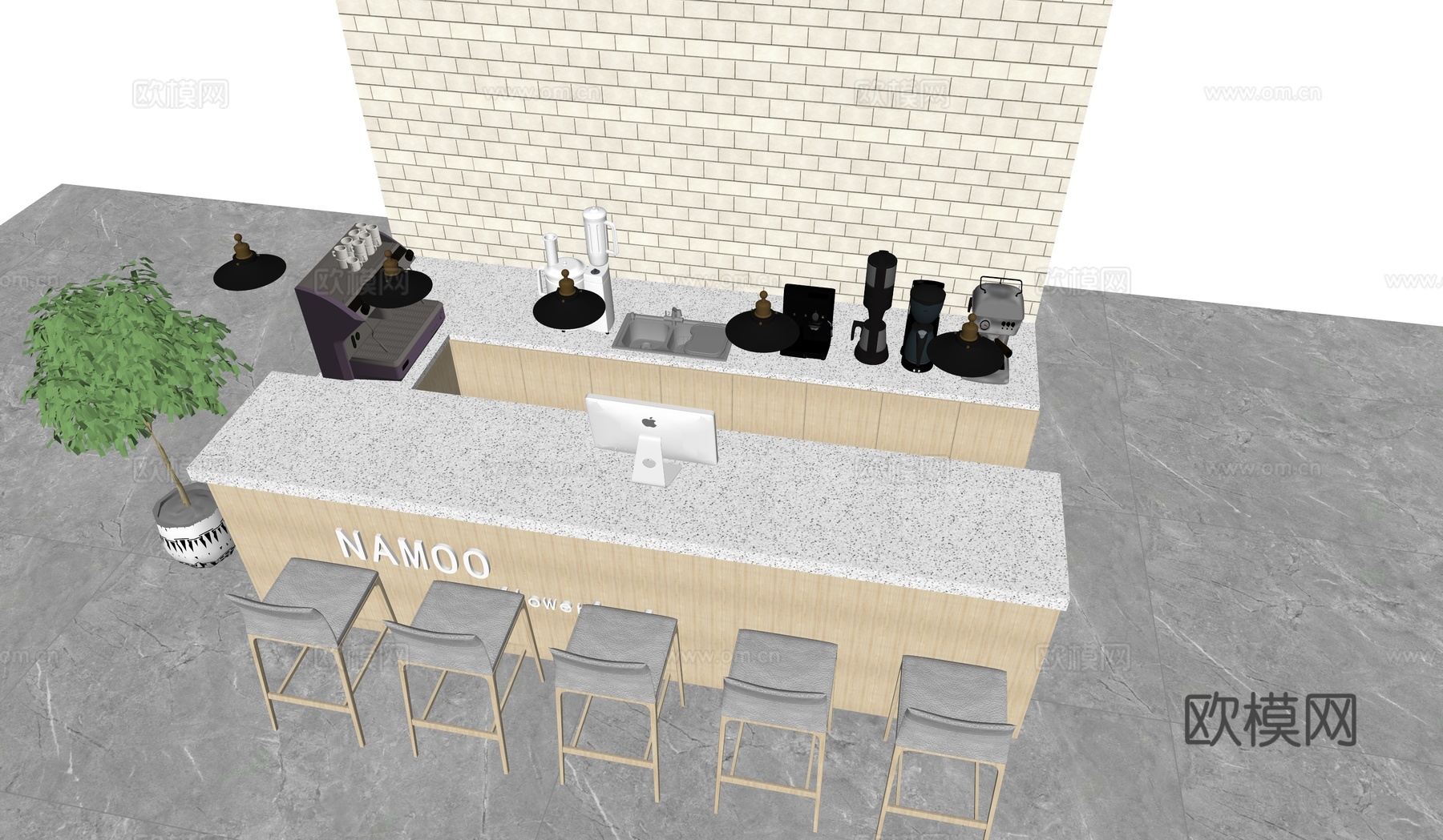 现代风格吧台_吧椅_吊灯_长桌椅su模型