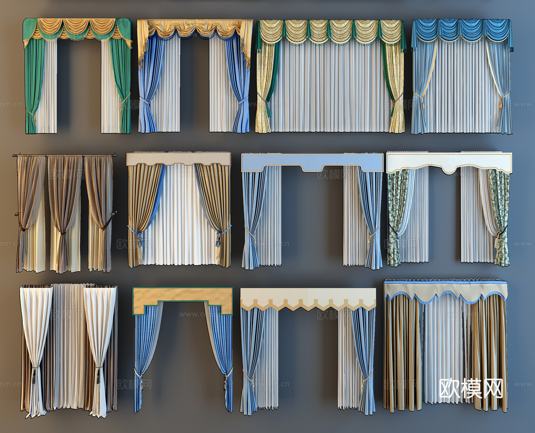 现代欧式中式窗帘组合3d模型下载（渲染图3）