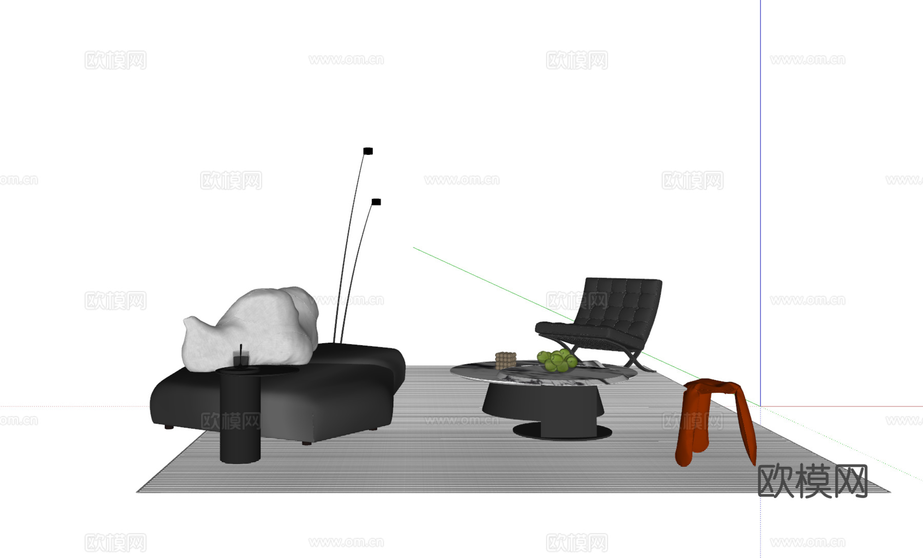 现代意式沙发茶几组合 多人沙发 休闲椅 地毯su模型