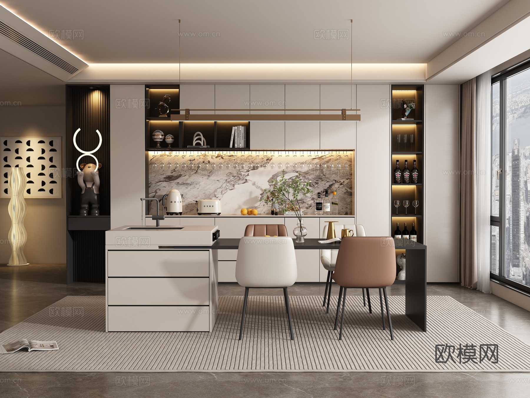 现代岛台餐厅3d模型下载