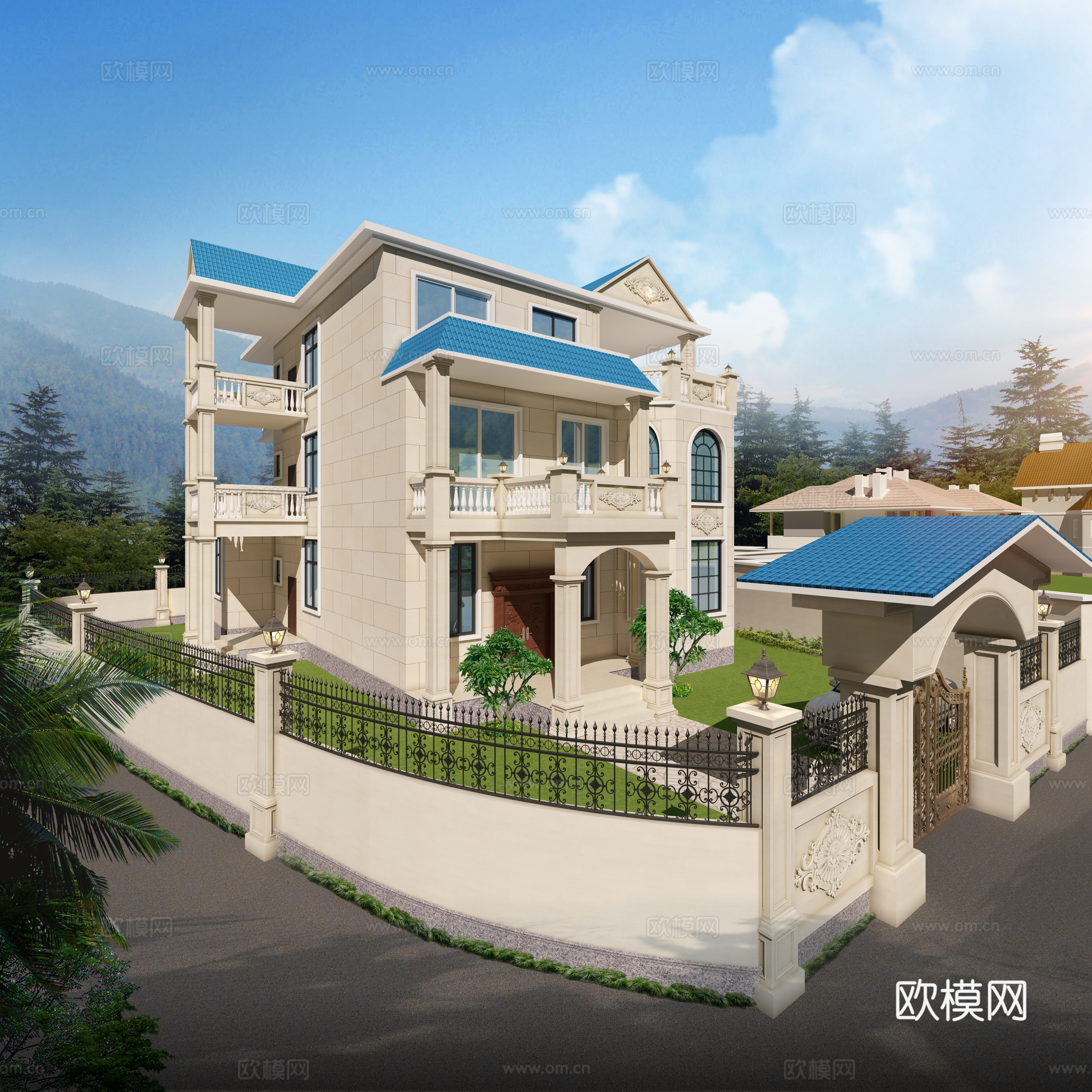 欧式简约别墅外观3d模型下载（渲染图1）