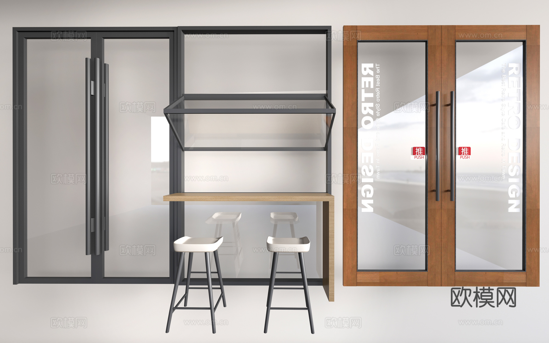 现代店铺玻璃门 咖啡厅门 奶茶店玻璃门 玻璃双开门su模型