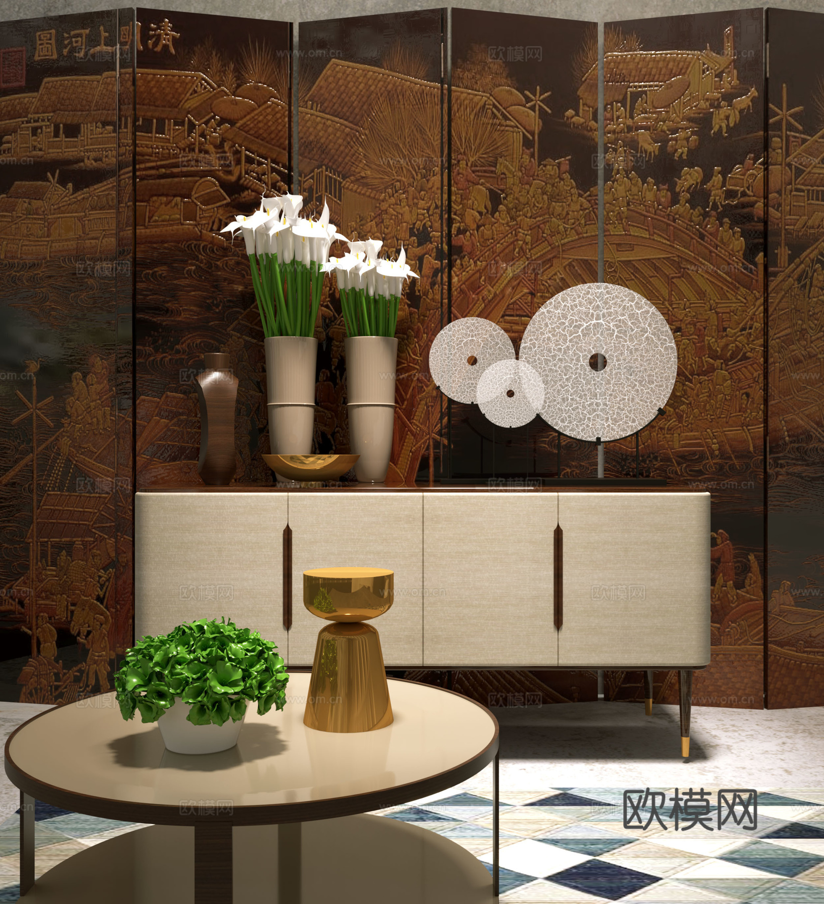 新中式屏风装饰柜3d模型下载（渲染图1）
