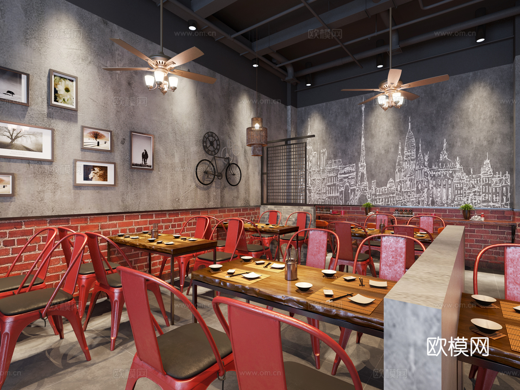 工业风餐厅 餐桌椅 吊灯 壁画3d模型下载（渲染图2）