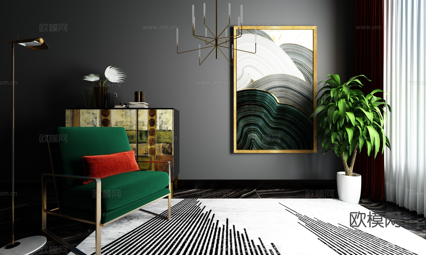 混搭 金色挂画 现代软装3d模型下载（渲染图1）
