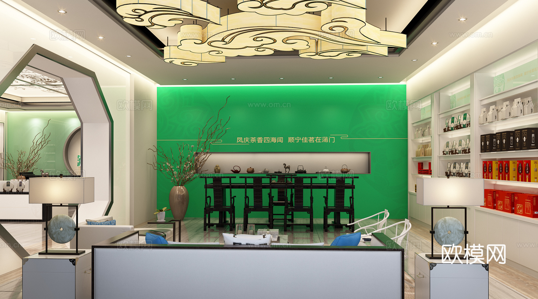 新中式茶叶店 新中式商业零售 茶叶店 展台 吊灯 装饰架3d模型下载（渲染图2）