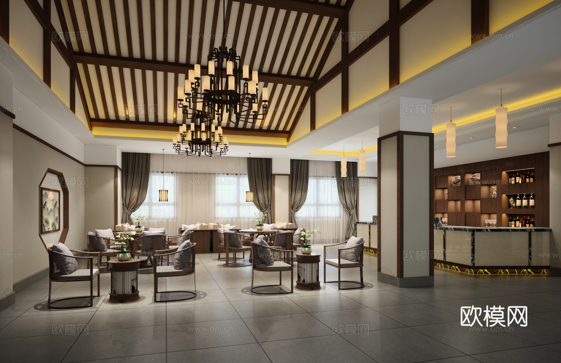 新中式咖啡馆茶室3d模型下载（渲染图1）