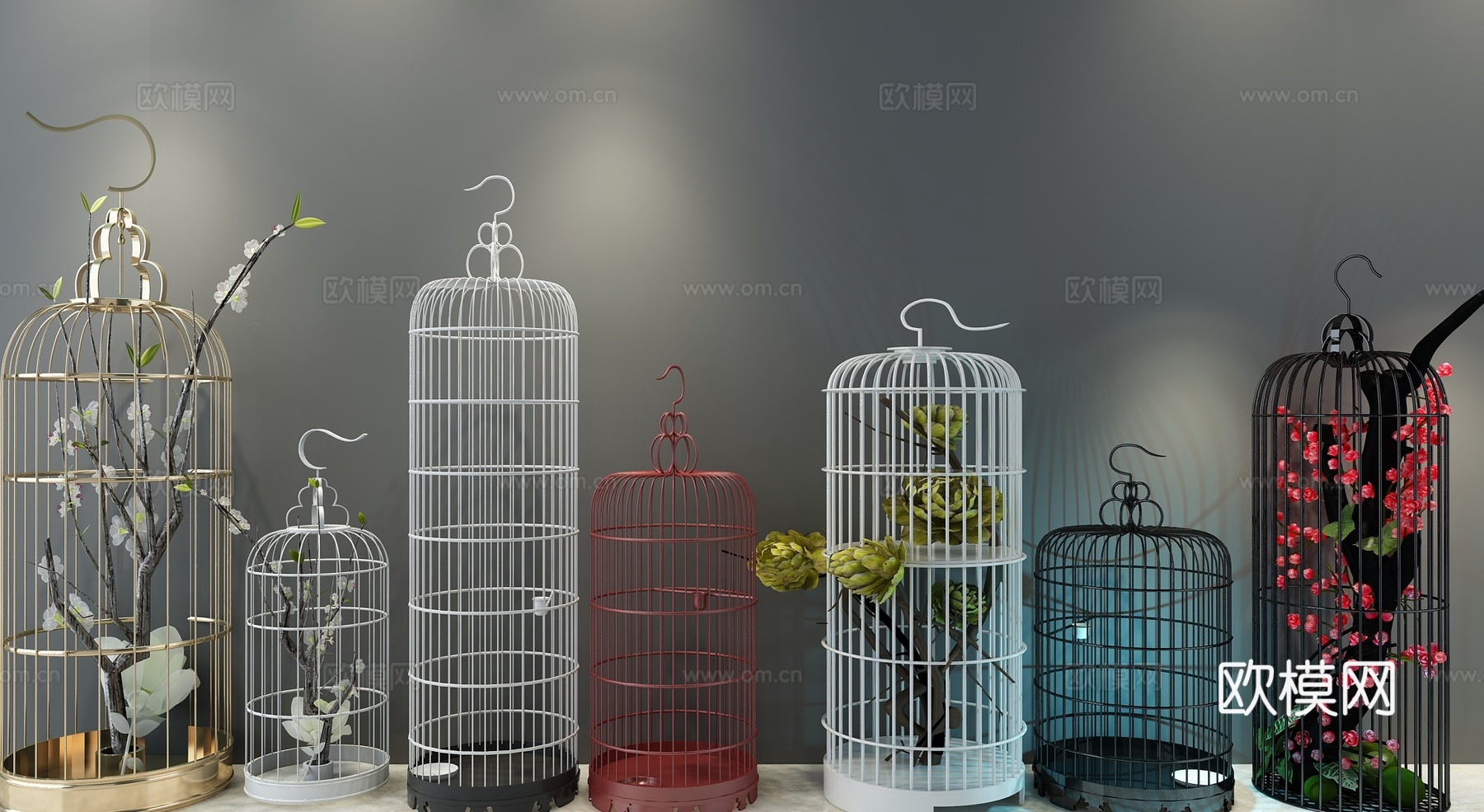 新中式鸟笼 装饰花3d模型下载（渲染图2）