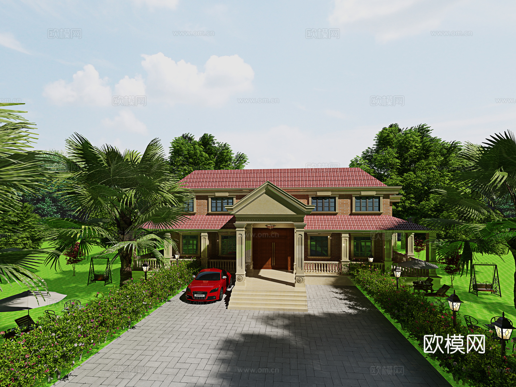 经典欧式别墅外建 树 汽车 户外灯 门 琉璃瓦3d模型下载（渲染图1）