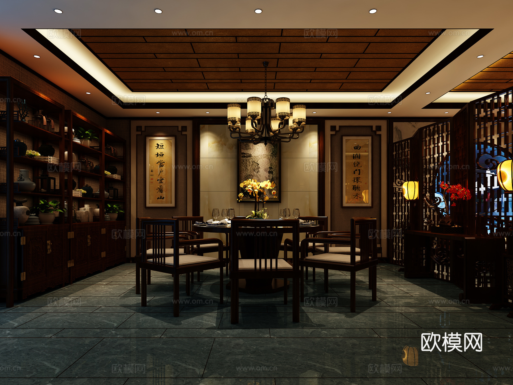 新中式茶室会所 餐厅 茶桌 博古架 拴马庄中式吊灯壁灯挂画3d模型下载（渲染图2）