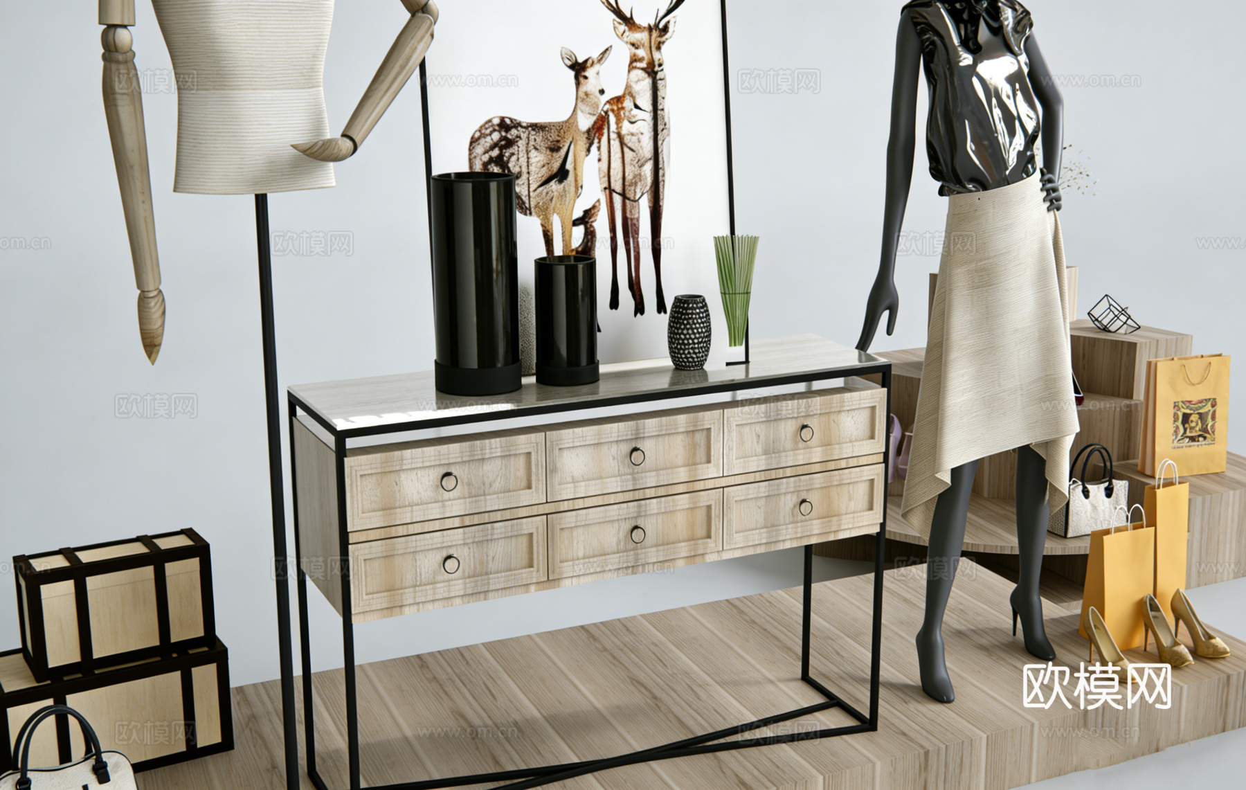 侘寂风衣帽间展示角 买手店角落场景 人体模特 抽屉柜 行李箱su模型
