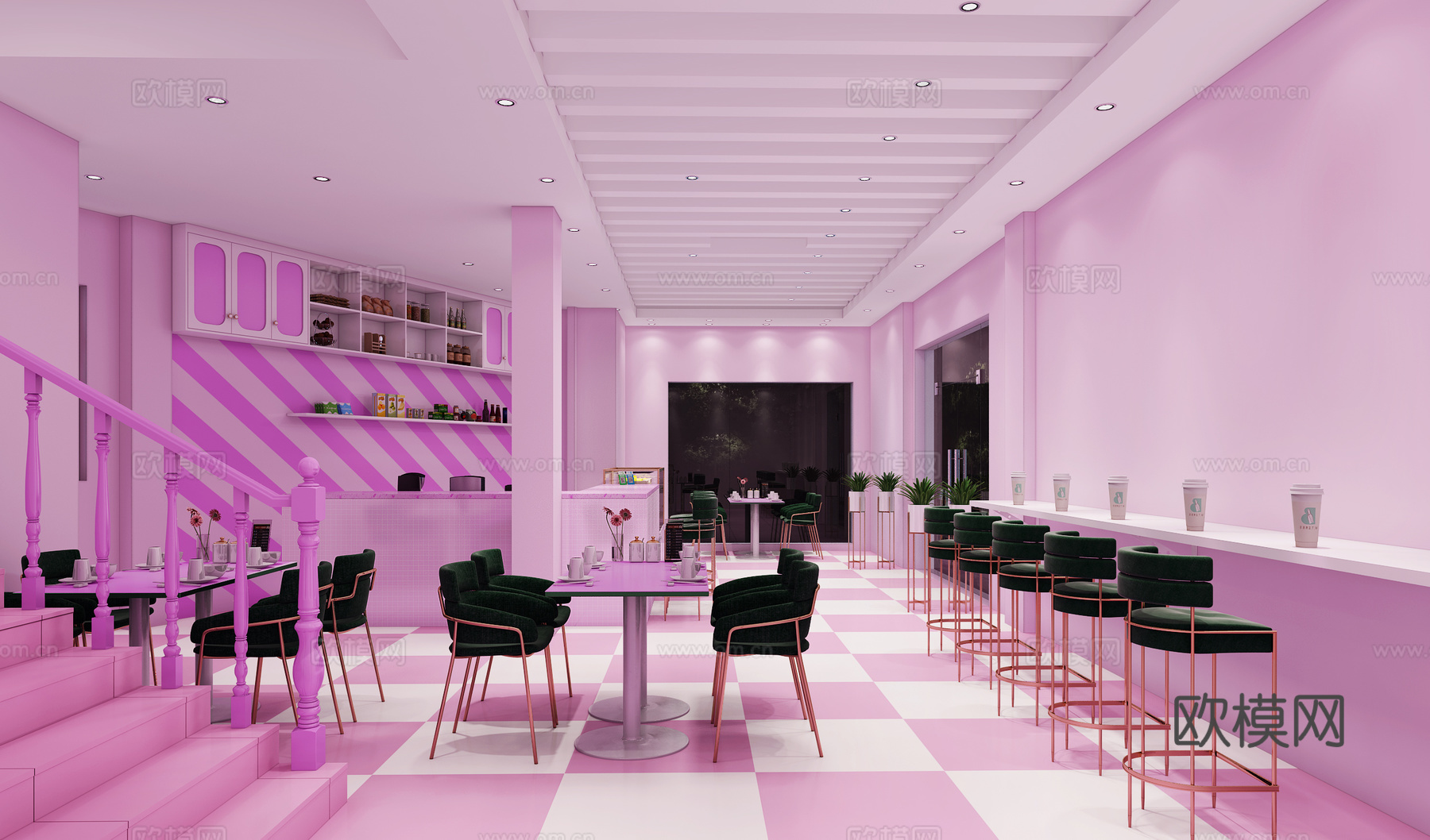 现代粉色奶茶店  奶茶店3d模型下载（渲染图2）