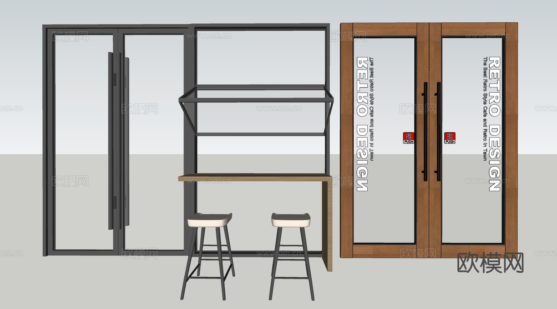 现代店铺玻璃门 咖啡厅门 奶茶店玻璃门 玻璃双开门su模型