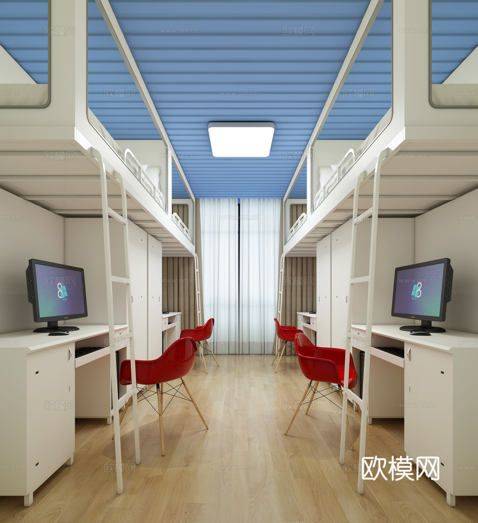 现代简约宿舍四人间3d模型下载（渲染图2）