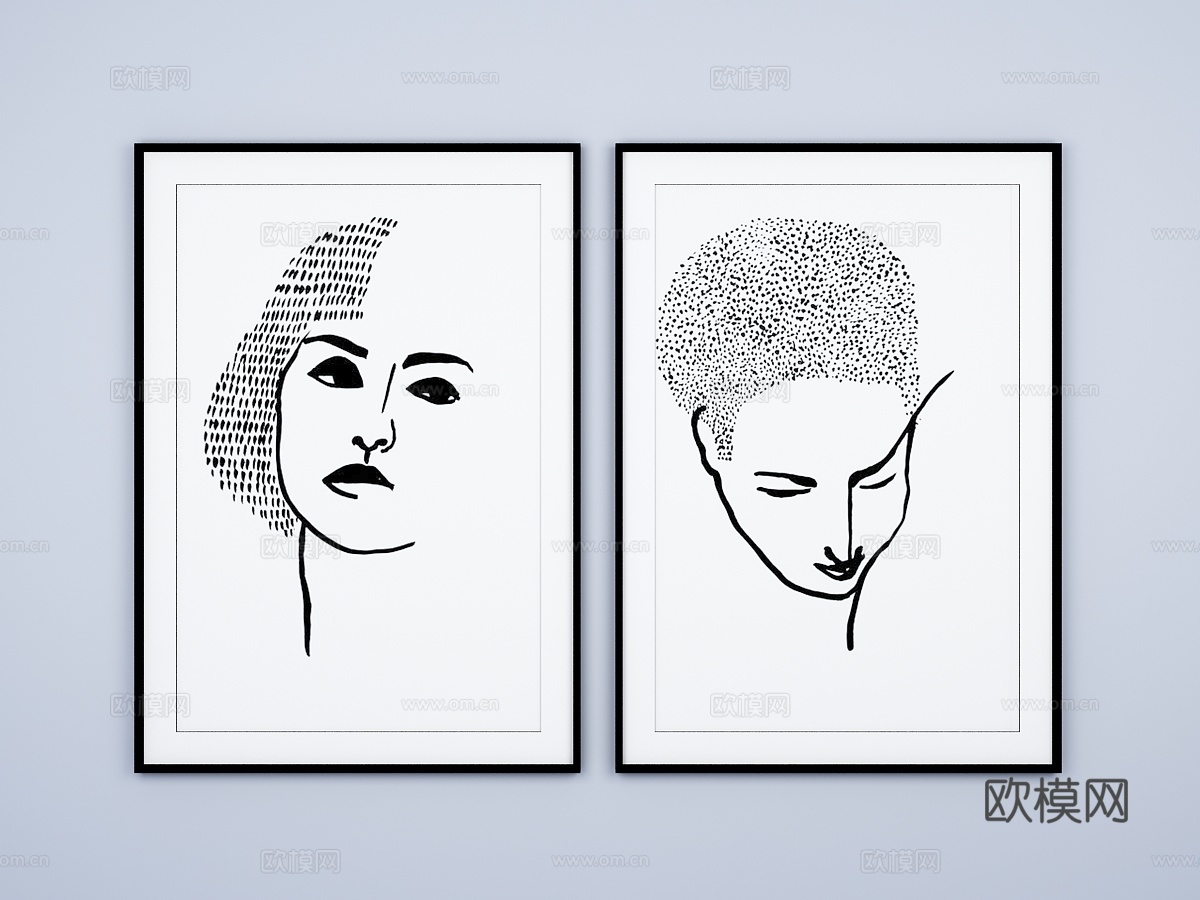 现代黑白人物挂画3d模型下载（渲染图1）