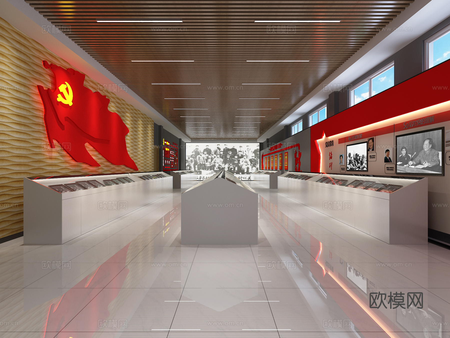 现代展厅党史展 红色展 党徽 爱国教育展3d模型下载（渲染图1）