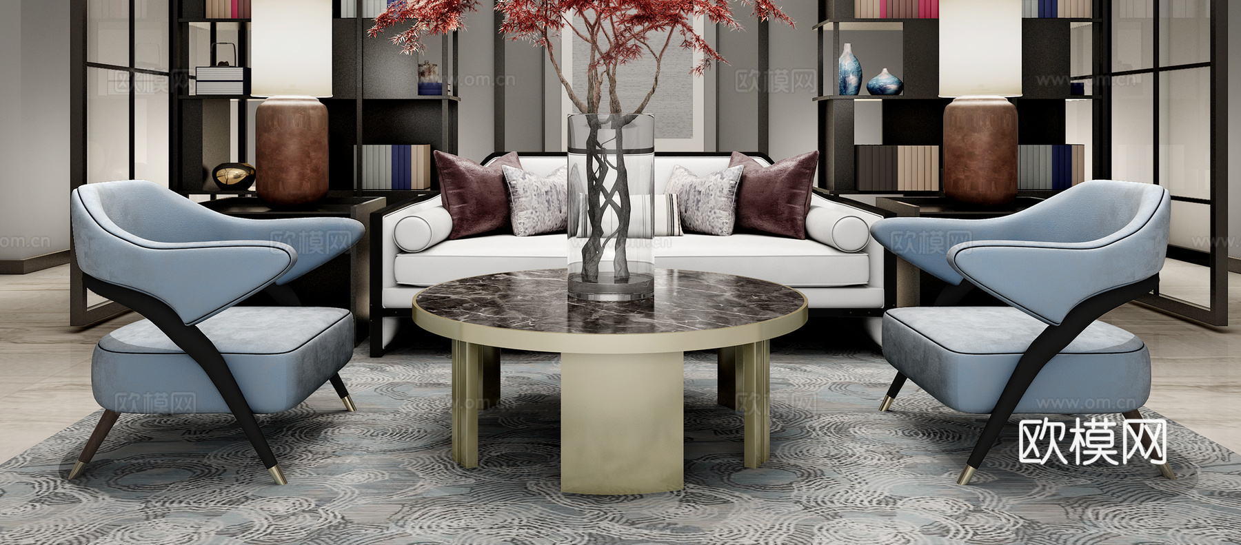 新中式书架 书 摆件 单人沙发椅 沙发 抱枕 树 新中式3d模型下载（渲染图2）