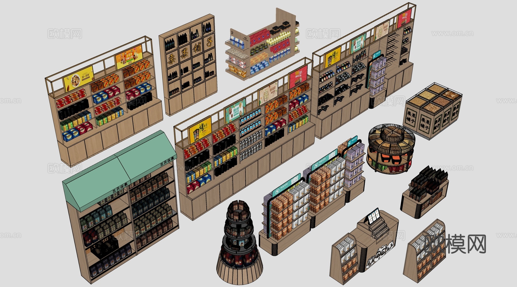 现代超市货架 零食店货架 置物架 文创展架su模型