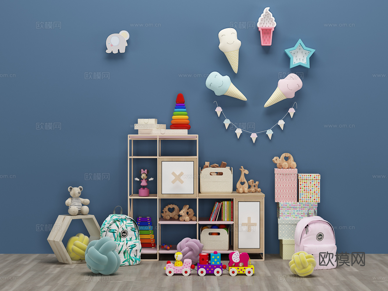 现代儿童玩具 墙饰 书包 装饰柜3d模型下载（渲染图2）