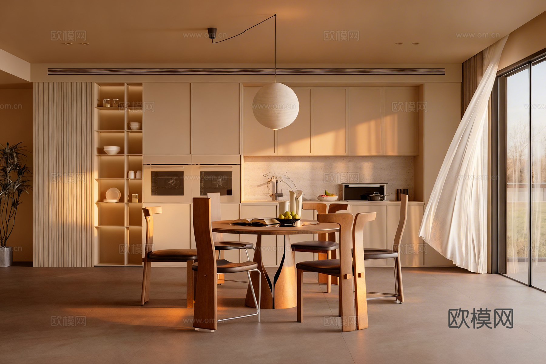 中古风餐厅 餐桌 餐边柜su模型