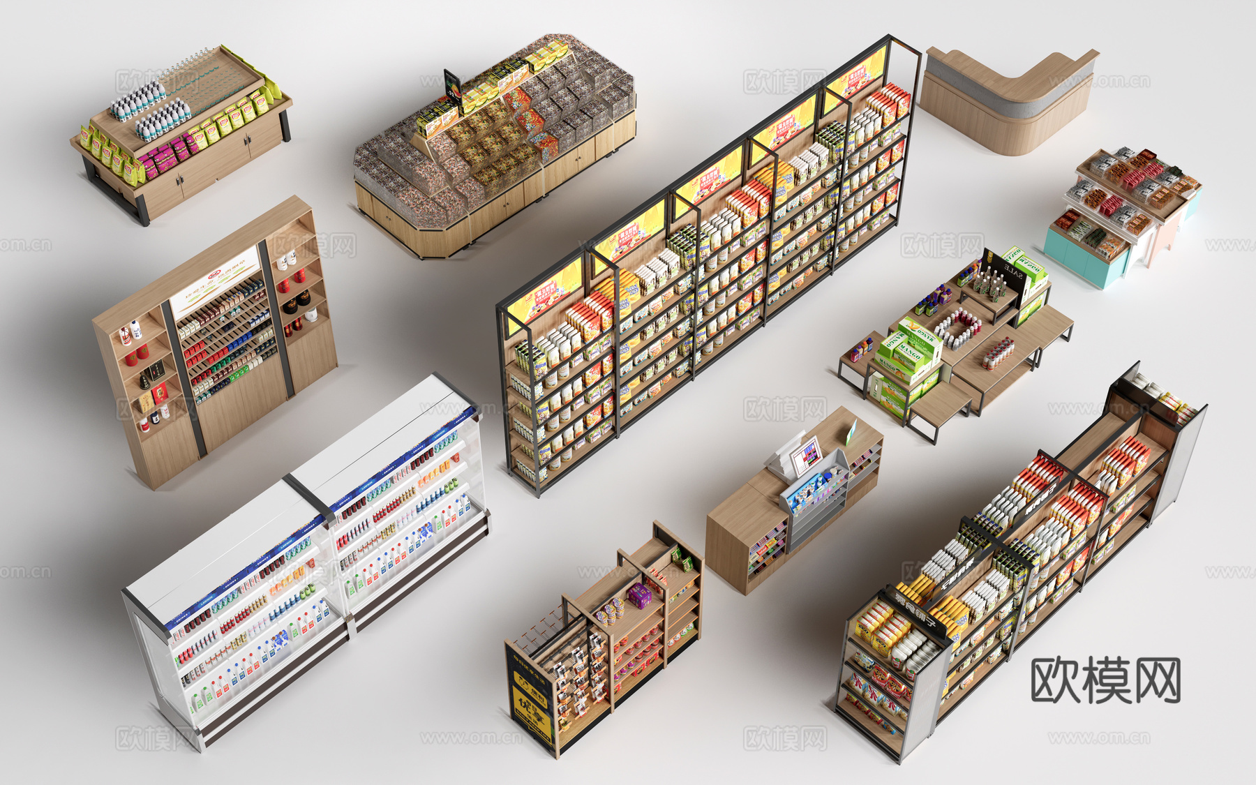 现代超市货架 零食店货架 置物架 文创展架su模型