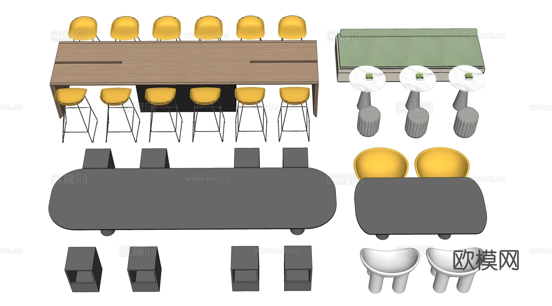 现代茶水间桌椅 公司休息区桌椅 吧台桌椅 休闲桌椅su模型