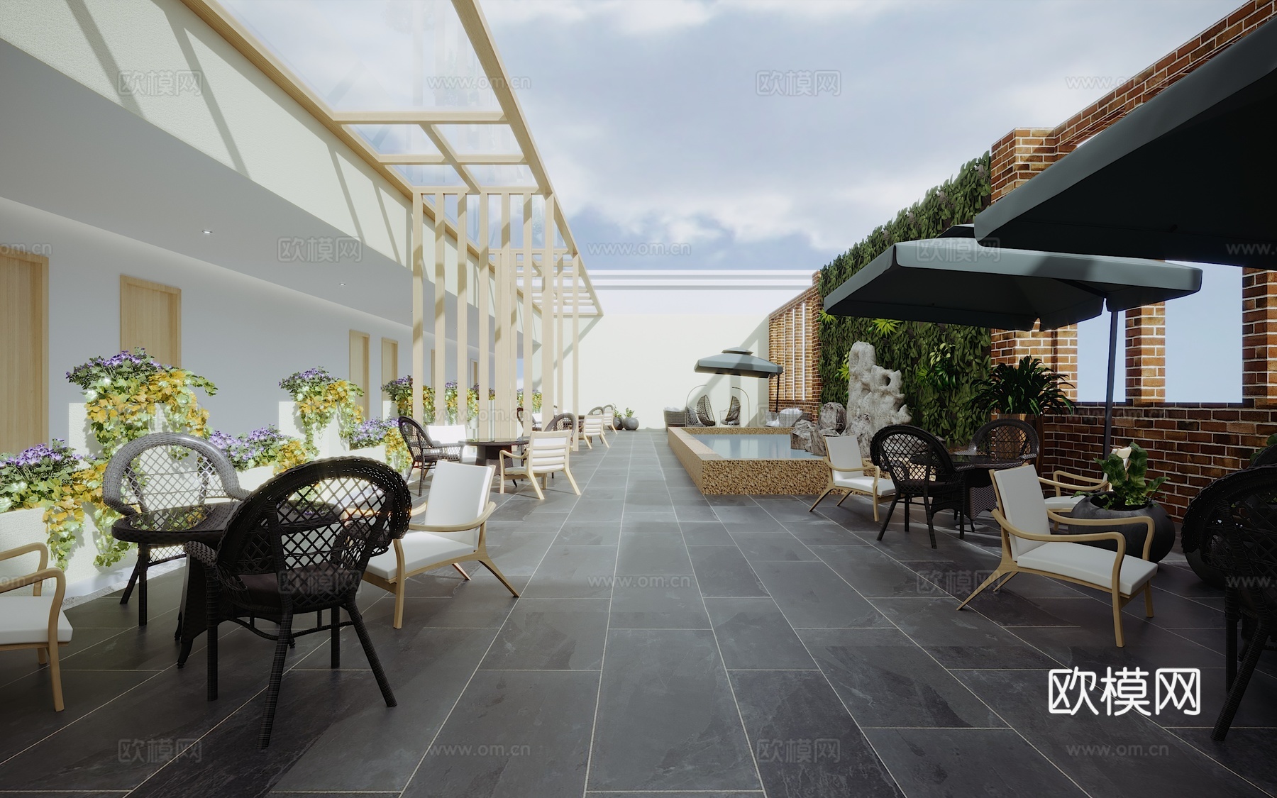 现代休闲室外露天阳台 桌椅3d模型下载（渲染图1）