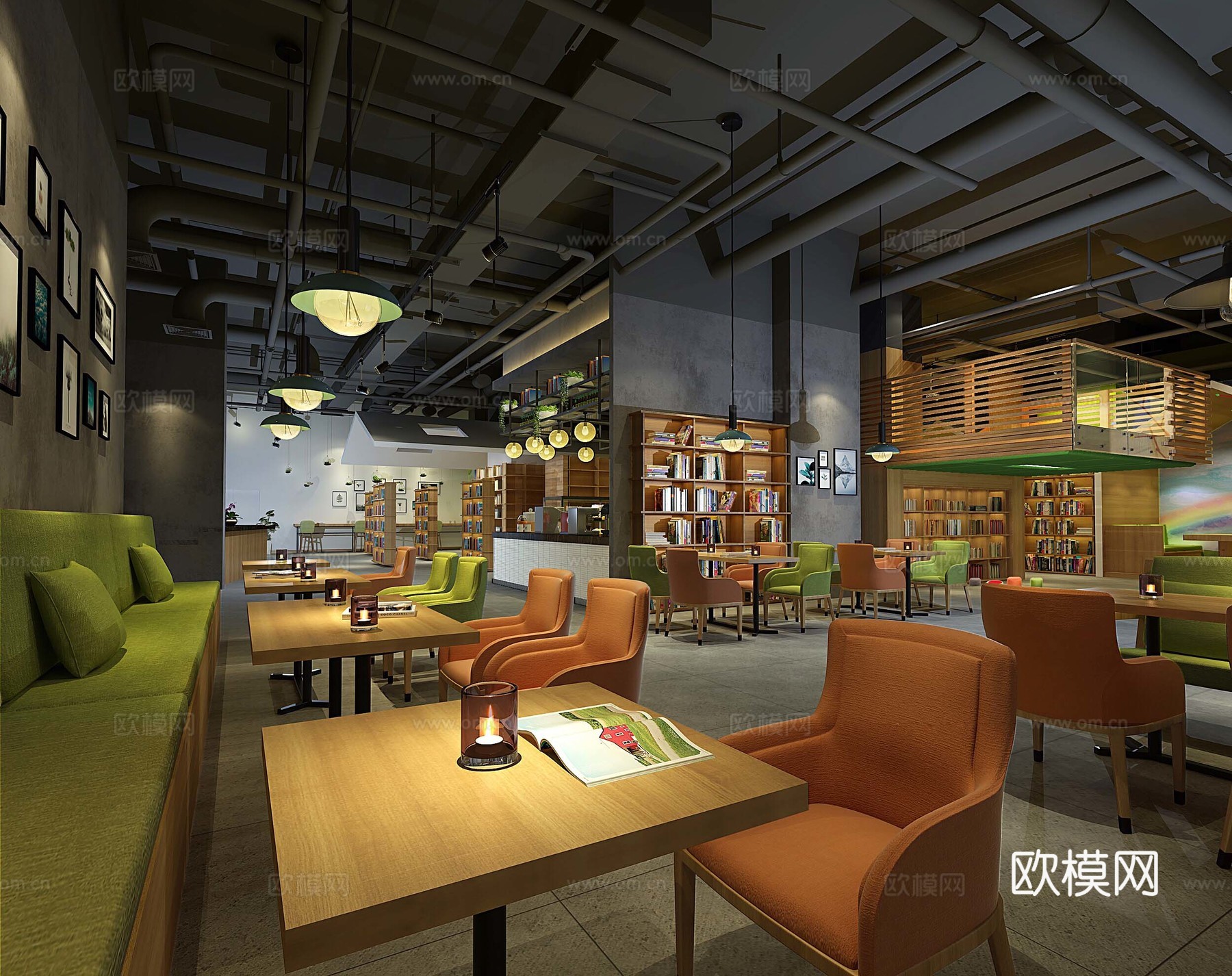 现代书吧 吊灯 书桌椅 沙发椅 挂画 书柜 物件摆件3d模型下载（渲染图1）
