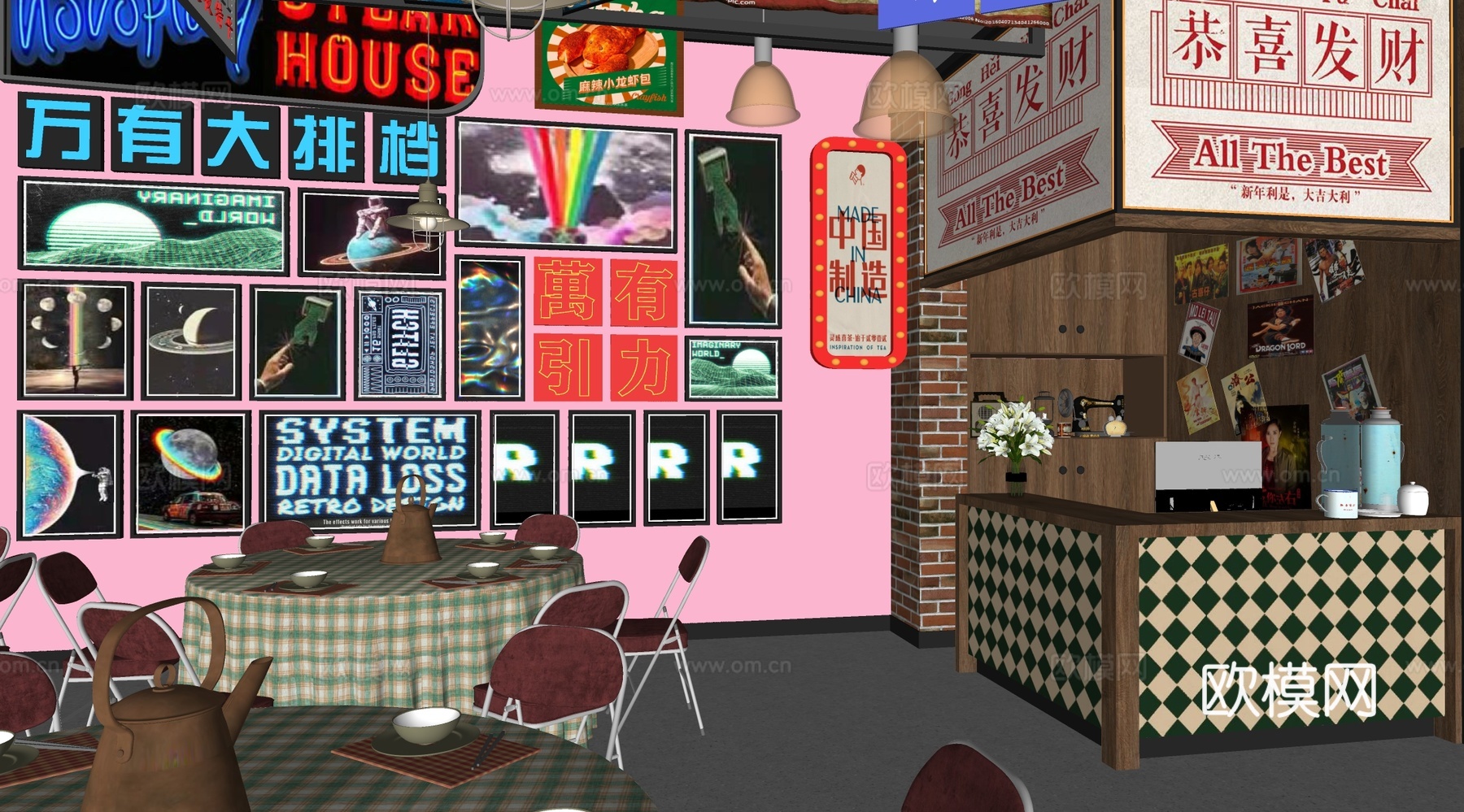 中式港式茶餐厅 餐桌椅组合 老香港摆件 霓虹灯 复古灯牌 收su模型