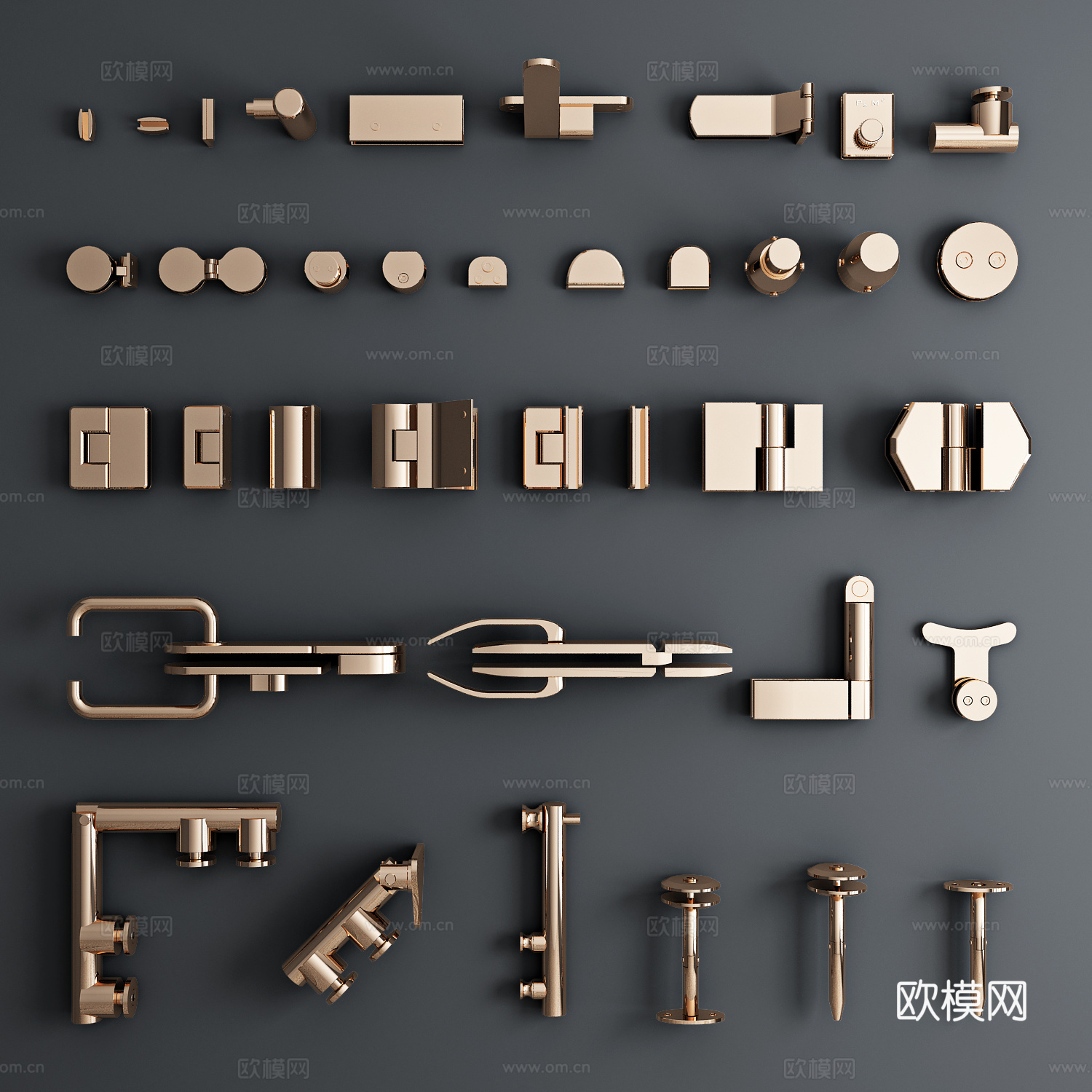 新中式五金件玻璃门夹拉手3d模型3d模型下载（渲染图2）