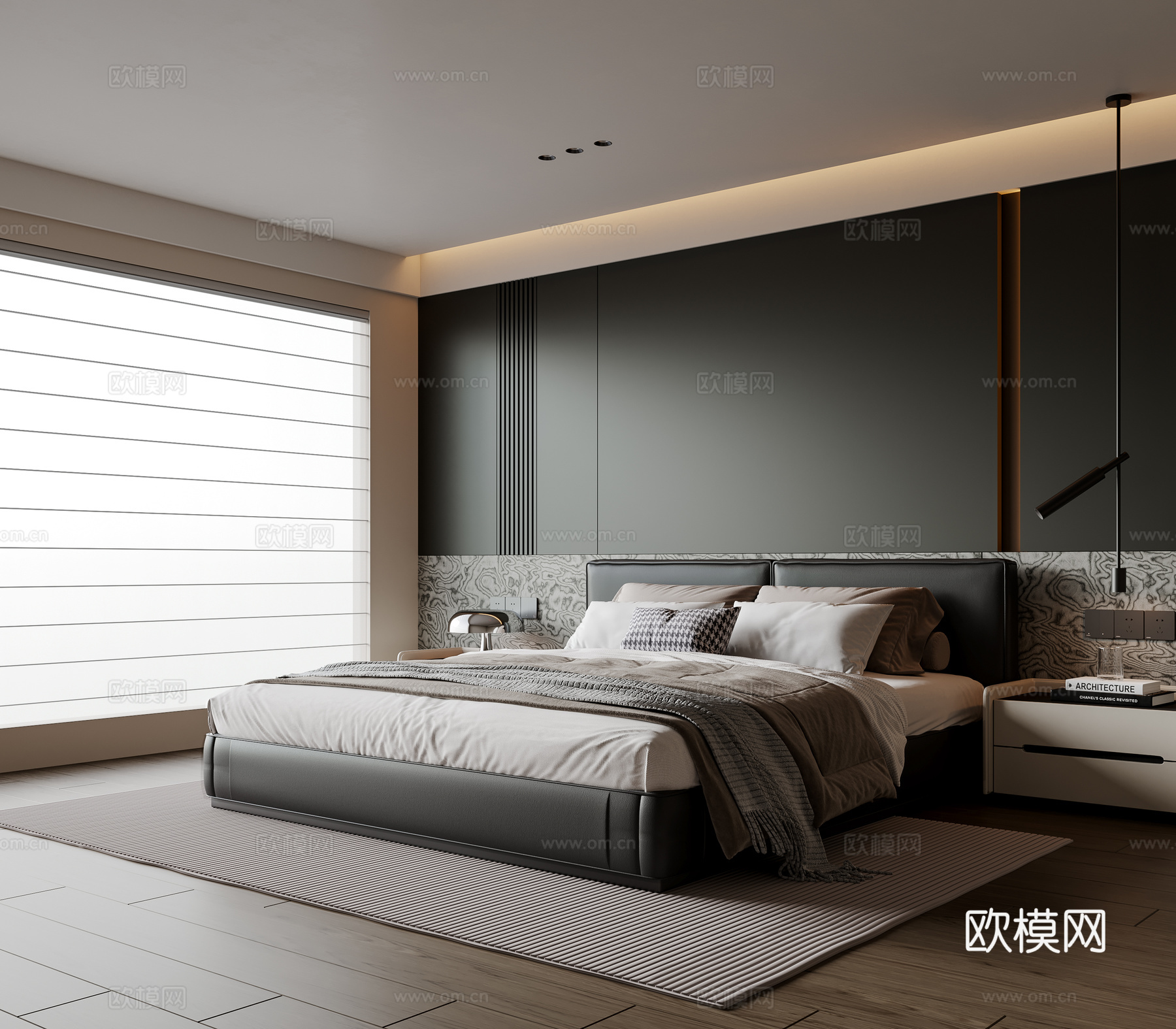 现代意式卧室 皮质双人床 床头柜 吊灯 地毯su模型