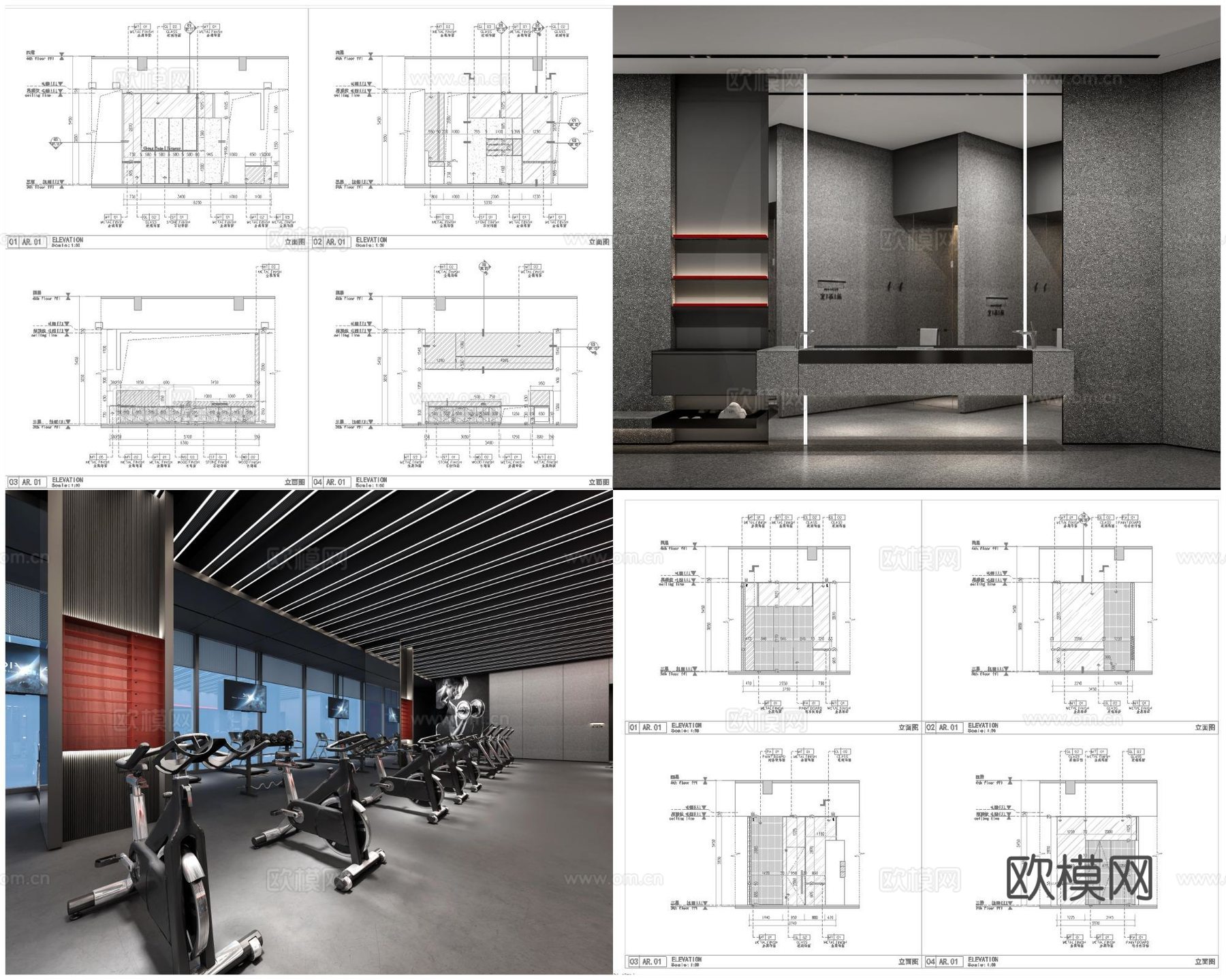 8套高档健身房 最新施工图 效果图合集cad施工图下载（渲染图3）