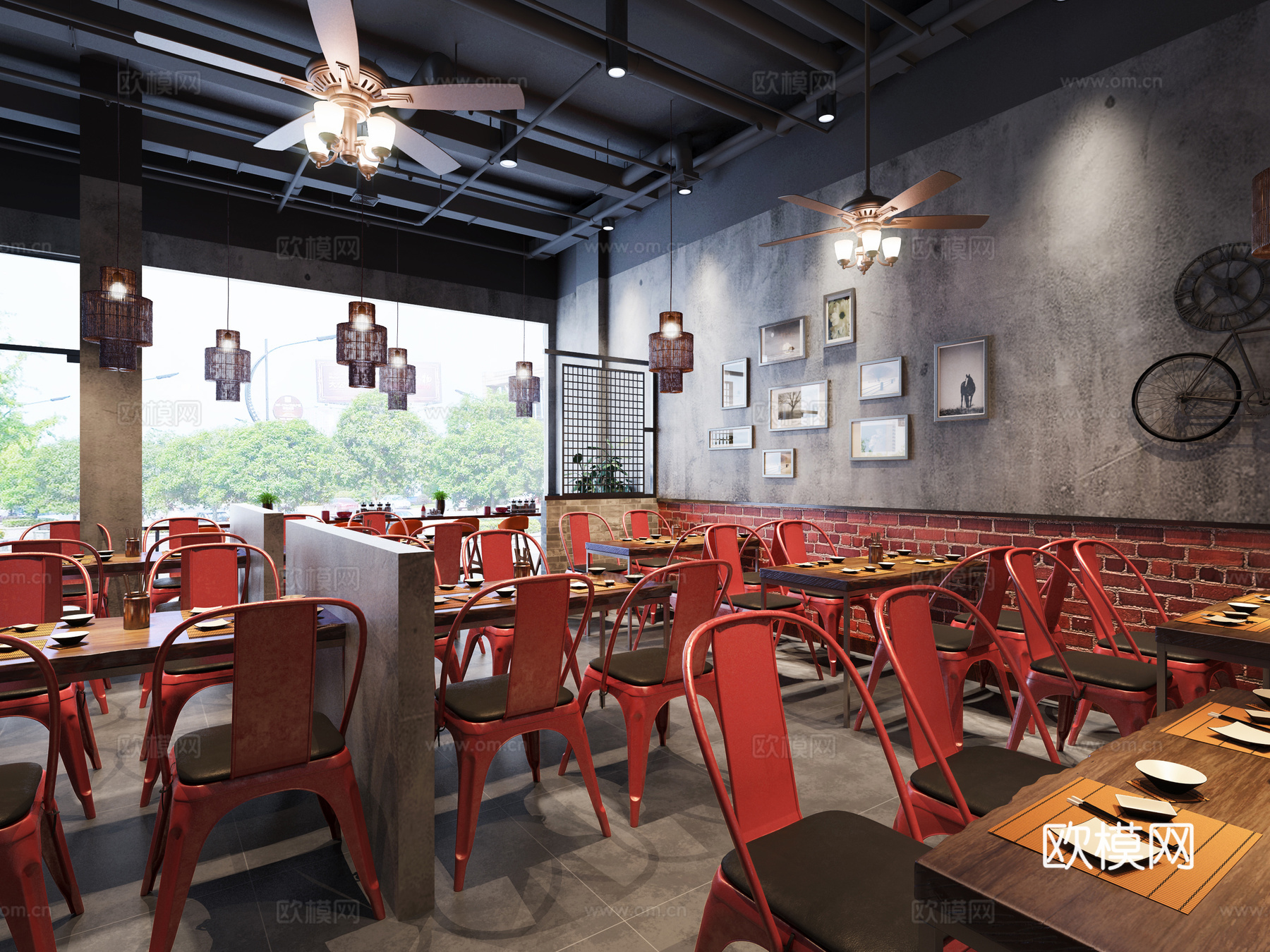 工业风餐厅 餐桌椅 吊灯 壁画3d模型下载（渲染图3）