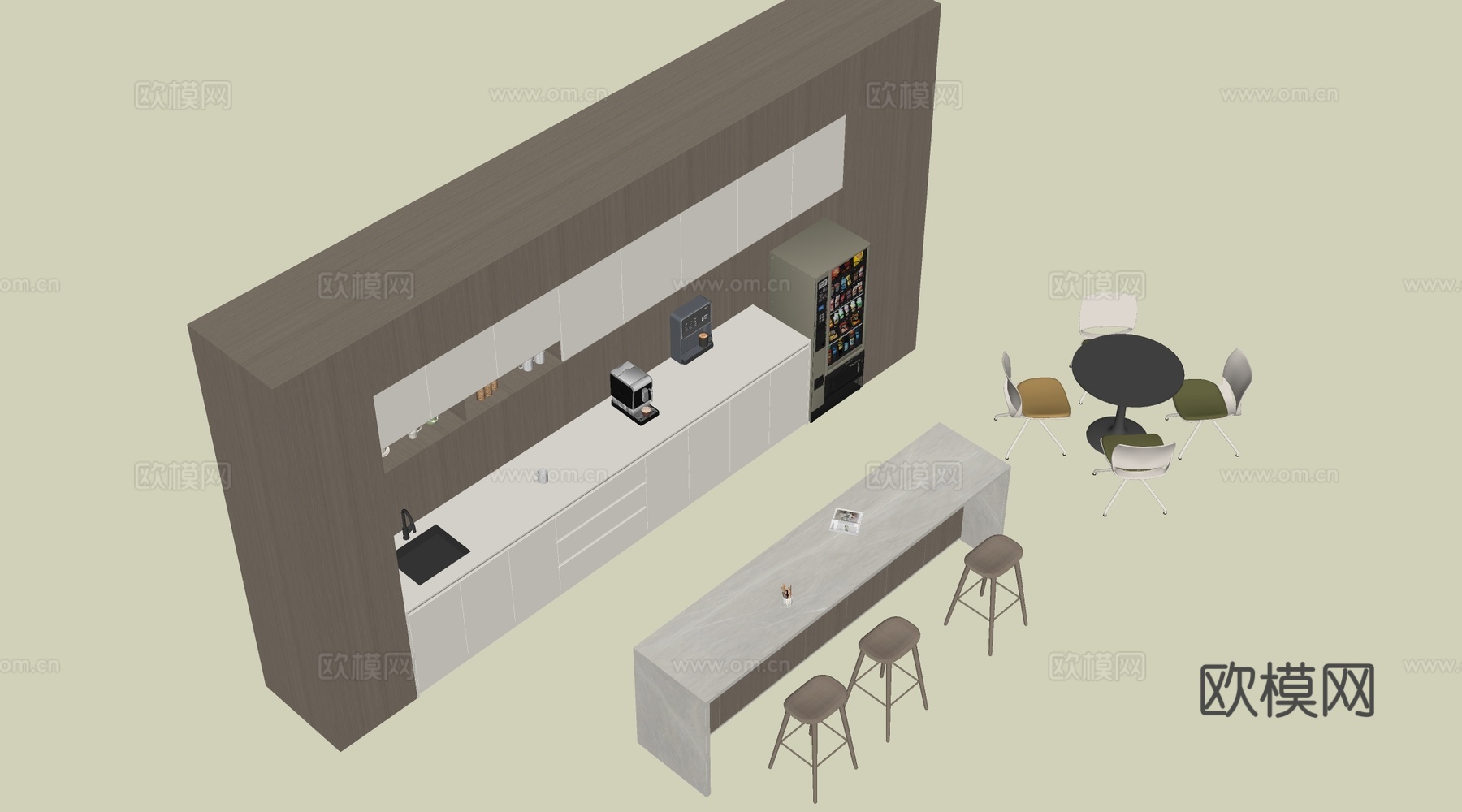 现代茶水间吧台 茶水间桌椅 水吧台su模型