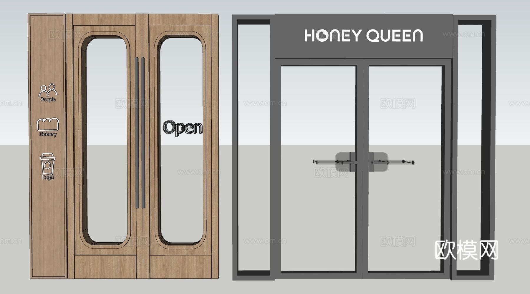 现代店铺玻璃门 咖啡厅门 奶茶店玻璃门 玻璃双开门su模型